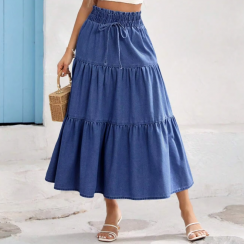 2 Pcs Vintage Casual Long Denim Elastic Waist Pleated Skirt