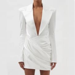 3 Pcs Deep V Neck Fashionable Pleated Asymmetric Hem Back Zipper Closure Blazer Dress