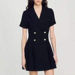 2 Pcs Spring Black Suit Collar Short Sleeve Women Short Tweed Blazer Dress