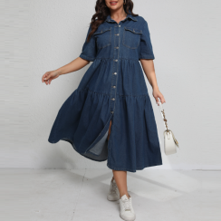 3 Pcs Womens Elegant Washed Denim Long Shirt Dress