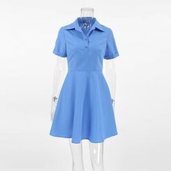 4 Pcs Womens Short Sleeve Spring Fashionable Blue Lapel Shirt Dresses
