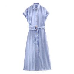 4 Pcs Striped Midi Sleeveless Shirt Dress With Belt