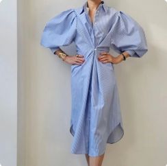 5 Pcs Irregular Lantern Sleeves Striped Womens Shirt Dress